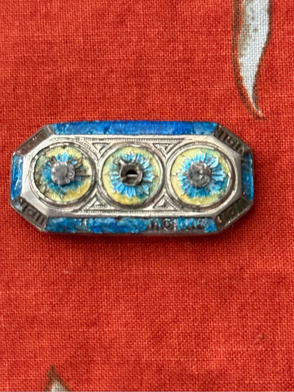 Vintage Art Deco Style Enamel Brooch Blue Yellow Floral 3 Panel Missing Stone